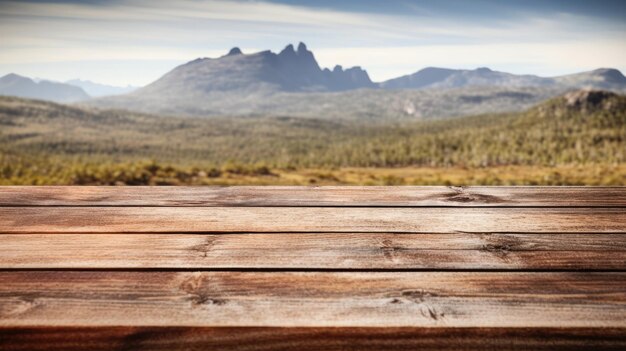 The empty wooden brown table top with blur background of Cradle mountain in Tasmania Exuberant image