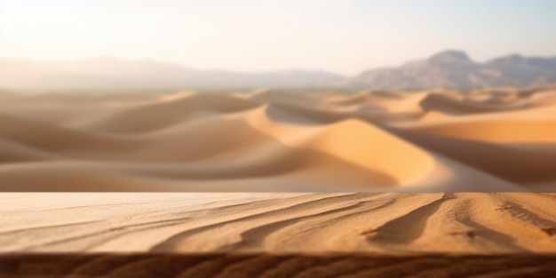 The empty wooden brown table top with blur background of desert dune mountain Exuberant image