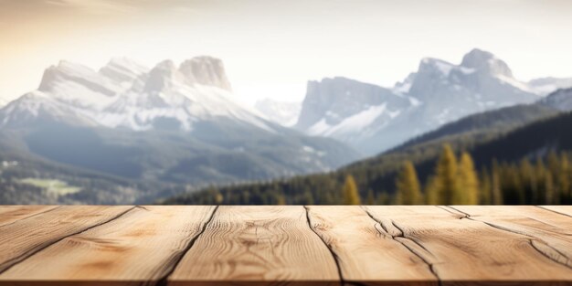 Photo the empty wooden brown table top with blur background of dolomite mountain exuberant image