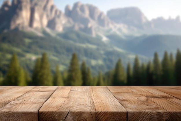 The empty wooden brown table top with blur background of dolomite mountain Exuberant