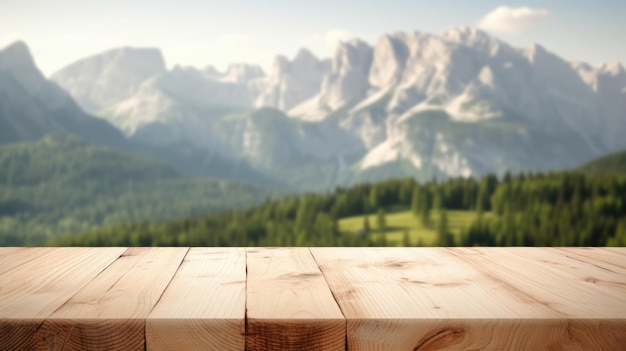 The empty wooden brown table top with blur background of dolomite mountain Exuberant