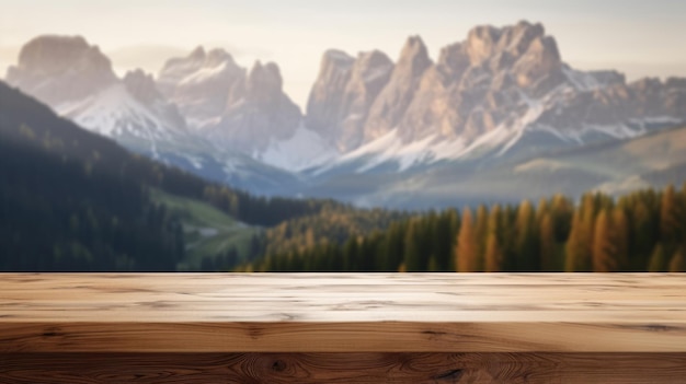 Foto il tavolo marrone di legno vuoto con lo sfondo sfocato della montagna dolomita esuberante