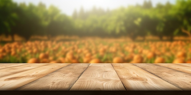 The empty wooden brown table top with blur background of farm Exuberant