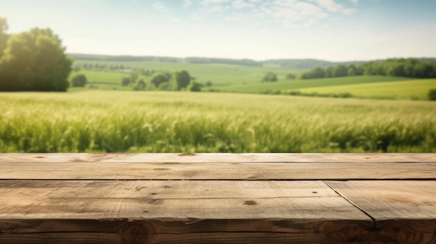 Пустая деревянная коричневая столешница с размытым фоном сельскохозяйственных угодий и голубого неба