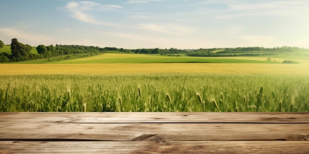 Photo the empty wooden brown table top with blur background of farmland and blue sky exuberant image