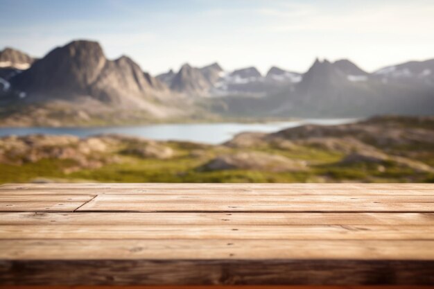 The empty wooden brown table top with blur background of Greenland in summer Exuberant