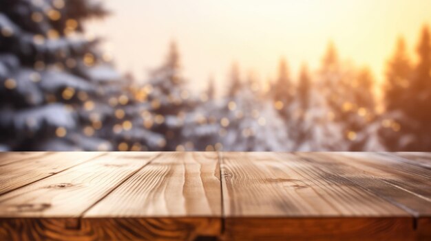 The empty wooden brown table top with blur background of home room in winter Exuberant image