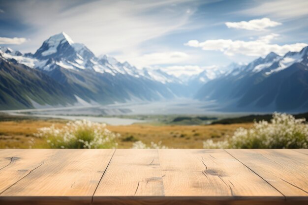 Photo the empty wooden brown table top with blur background of mount cook landscape exuberant