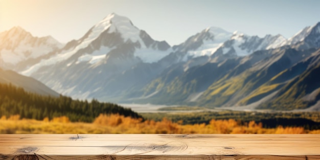 The empty wooden brown table top with blur background of Mount Cook landscape Exuberant