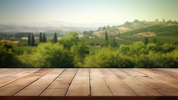 Foto il tavolo vuoto in legno marrone con sfondo sfocato del paesaggio collinare di napa immagine esuberante