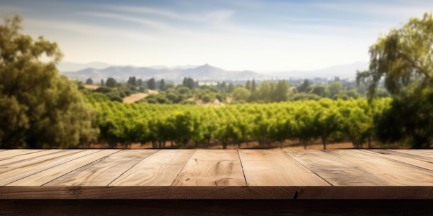 The empty wooden brown table top with blur background of Napa hill landscape Exuberant image