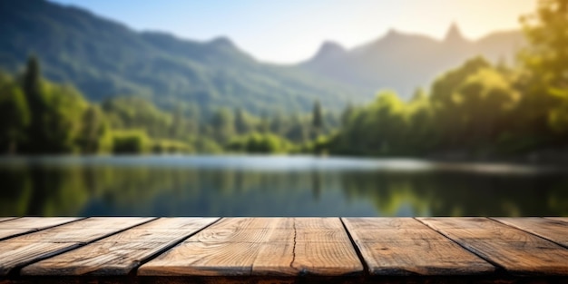 Photo the empty wooden brown table top with blur background of river and mountain exuberant image