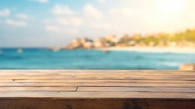 Foto il tavolo vuoto in legno marrone con sfondo sfocato della località balneare immagine esuberante