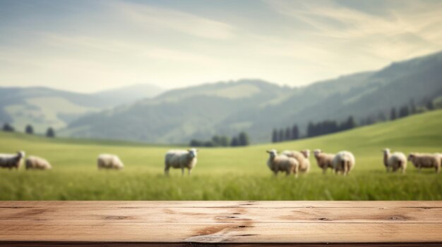 The empty wooden brown table top with blur background of sheep pasture exuberant image