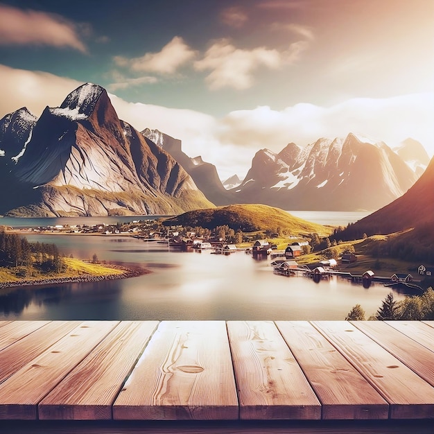 The empty wooden brown table top with green blur nature mountain of sunlight landscape background