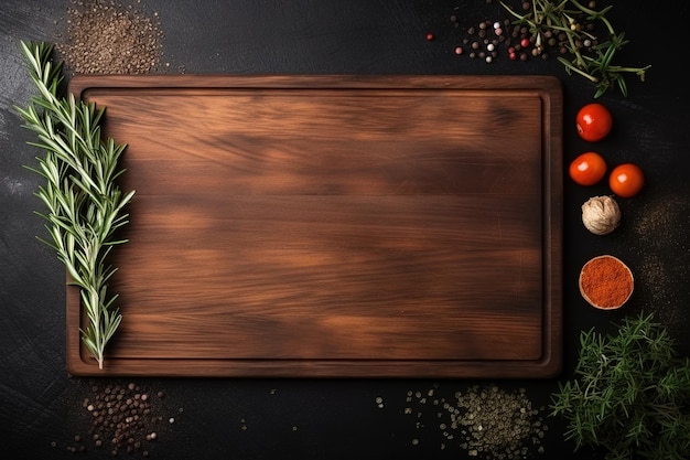 Empty wooden chopping board with rosemary spices on dark table Top view flatlay
