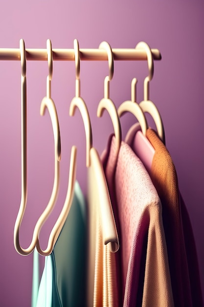 Empty wooden clothes hangers on pastel pink and beige background with copy space