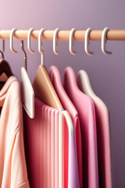 Empty wooden clothes hangers on pastel pink and beige background with copy space