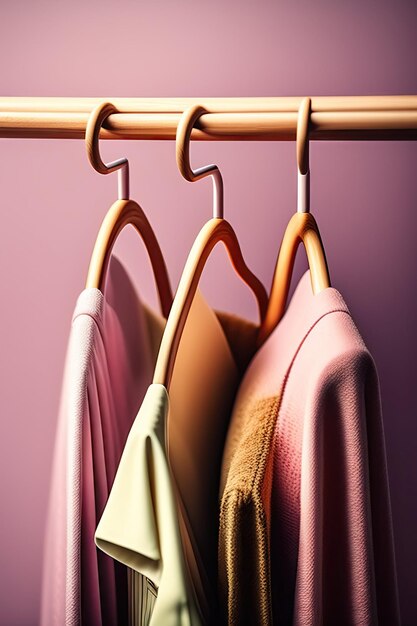 Empty wooden clothes hangers on pastel pink and beige background with copy space