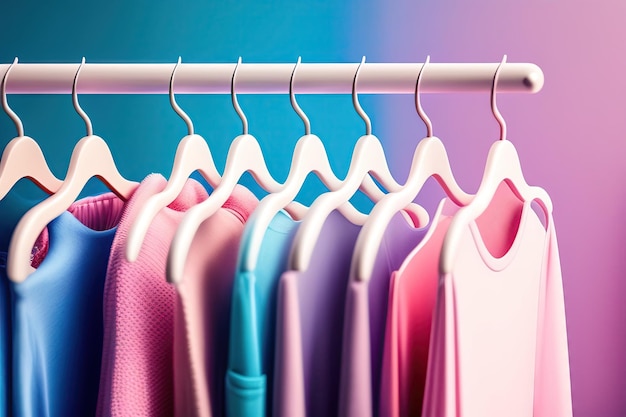 Empty wooden clothes hangers on pastel pink and blue background with copy space