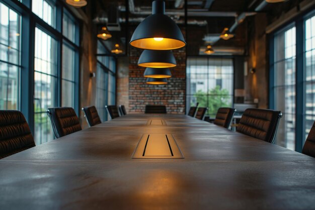 Photo empty wooden conference meeting table on the background of a office in loft style