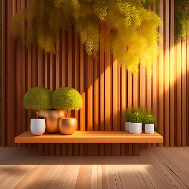 Empty wooden counter countertop in bamboo tree foliage dappled sunlight leaf shadow on brown wooden