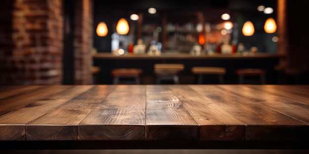 An empty wooden counter table top for product display in a pub or bar Generative ai