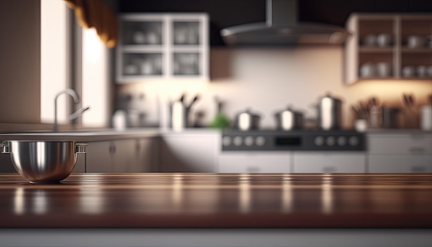 Пустая деревянная столешница с размытым кухонным фоном с копировальным пространством Generative AI