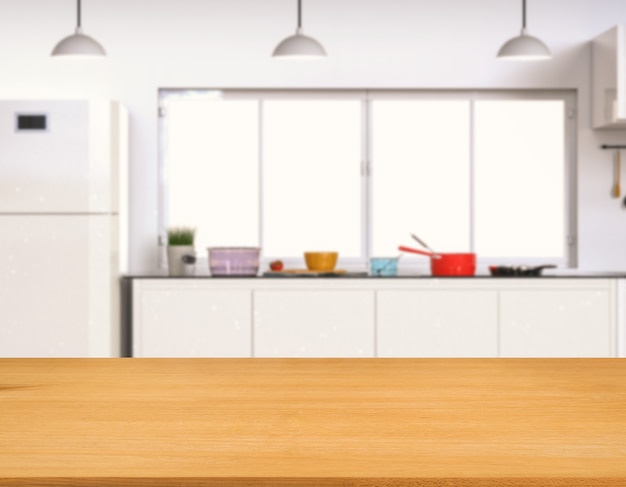 Empty wooden counter top with kitchen background