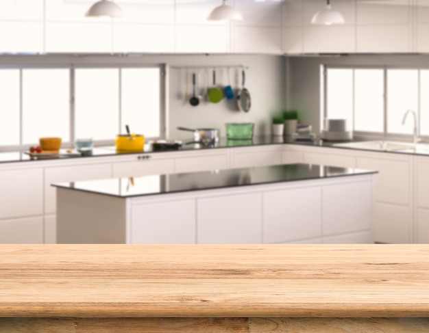 Empty wooden counter top with kitchen background