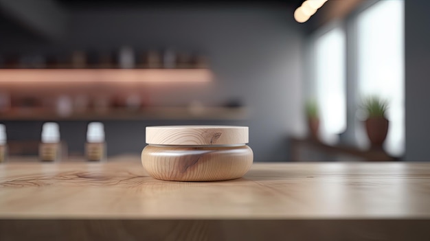 Empty wooden counter with blurred beautiful studio background minimalist product mockup concept Generative AIxA