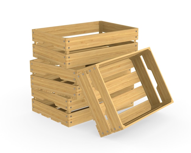 Empty wooden crates on white background. Isolated 3D illustration