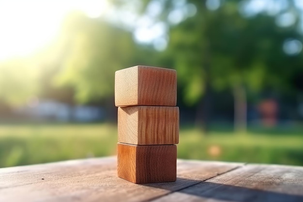 Empty wooden cube on table with blur bokeh background