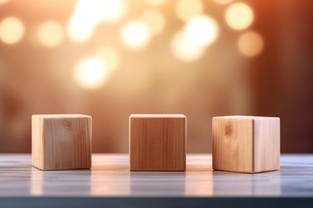 empty wooden cube on table with blur bokeh background