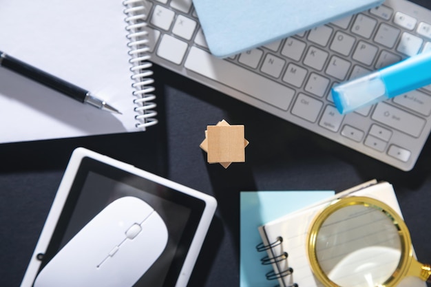 Empty wooden cubes and business objects.