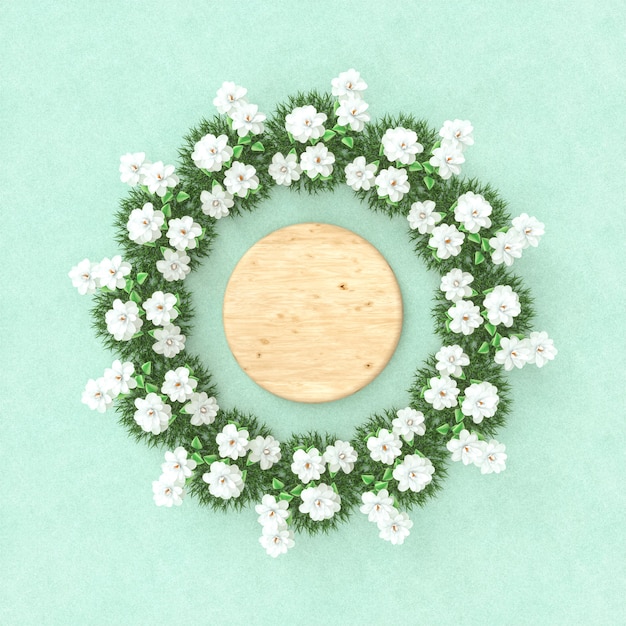 Empty wooden cylinder with spring flowers frame. Flat lay. Top view. Kaleidoscope pattern.