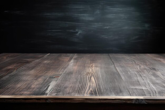 黒板の上の空の木製デッキ テーブル