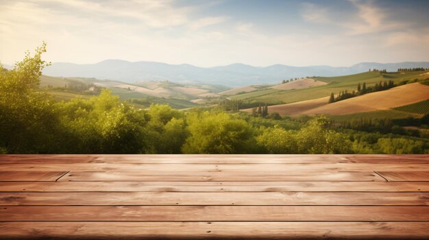 Empty wooden deck table on countryside