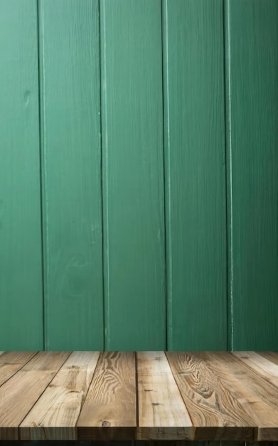 empty wooden deck table over mint wallpaper background copy space for text
