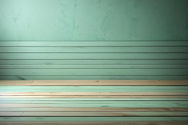Empty wooden deck table over mint wallpaper background