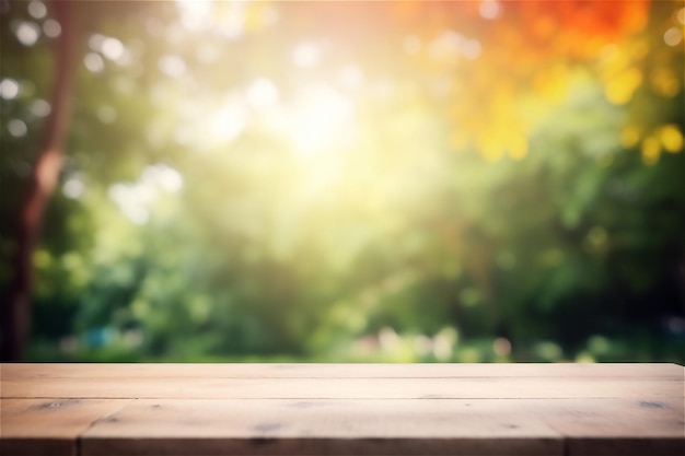 Empty wooden deck table with nature trees bokeh background Ready for product display montage
