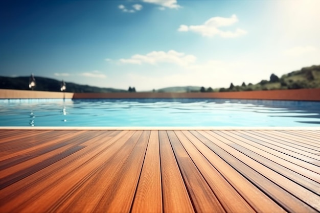 Empty wooden deck with swimming pool beautiful minimalist pool side view with blue sky generative ai