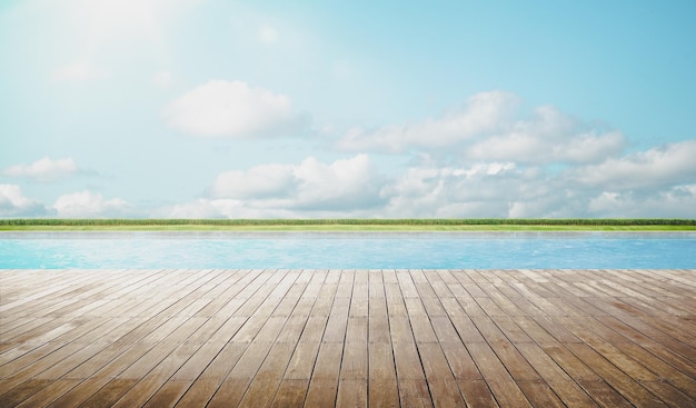 Empty wooden deck with swimming pool