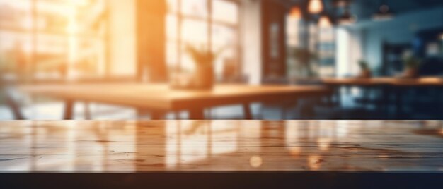 Empty wooden desk in a office Empty office with wooden table Bokeh lights in empty office