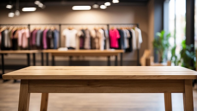 Empty wooden desk with blurred background of clothing store