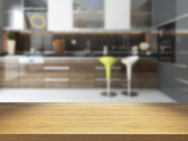 Empty wooden desk with blurred kitchen background 3d rendering