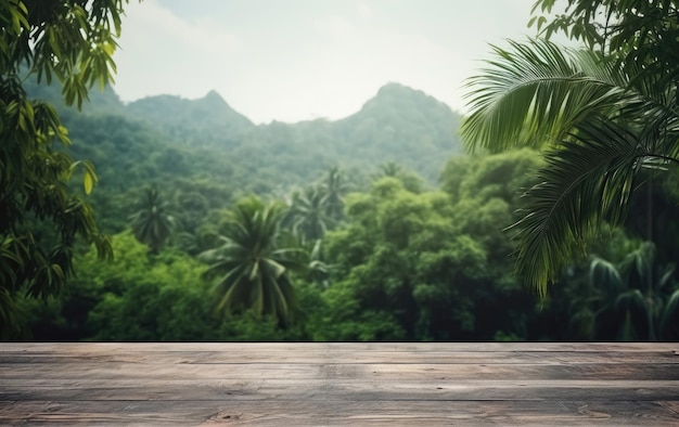 Empty wooden desk with rainforest background