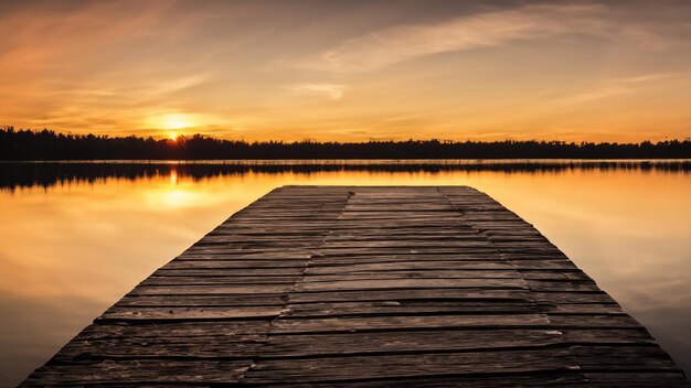 empty wooden dock in a lake during a breathtaking sunset