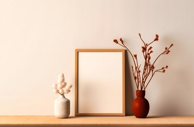 A empty wooden empty frame with two flowers on the table