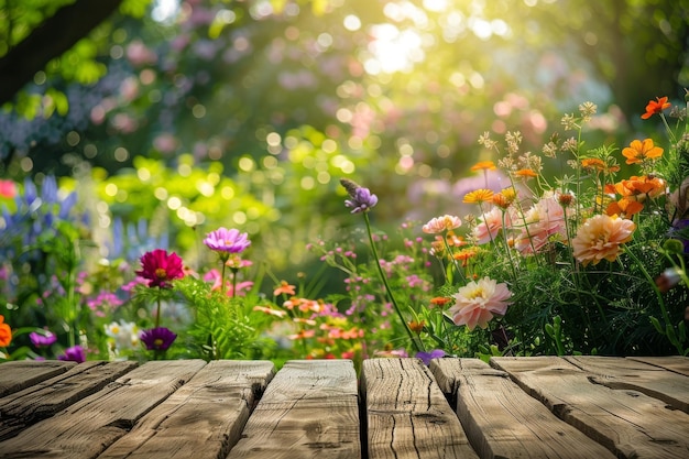 空の木製の床の花の背景 美しい明るい緑色のぼんやりした背景